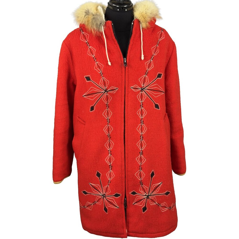 Hudson’s Bay Red Wool Embroidered Inuit Parka Women's Jacket W/ Fur Lined Hood
